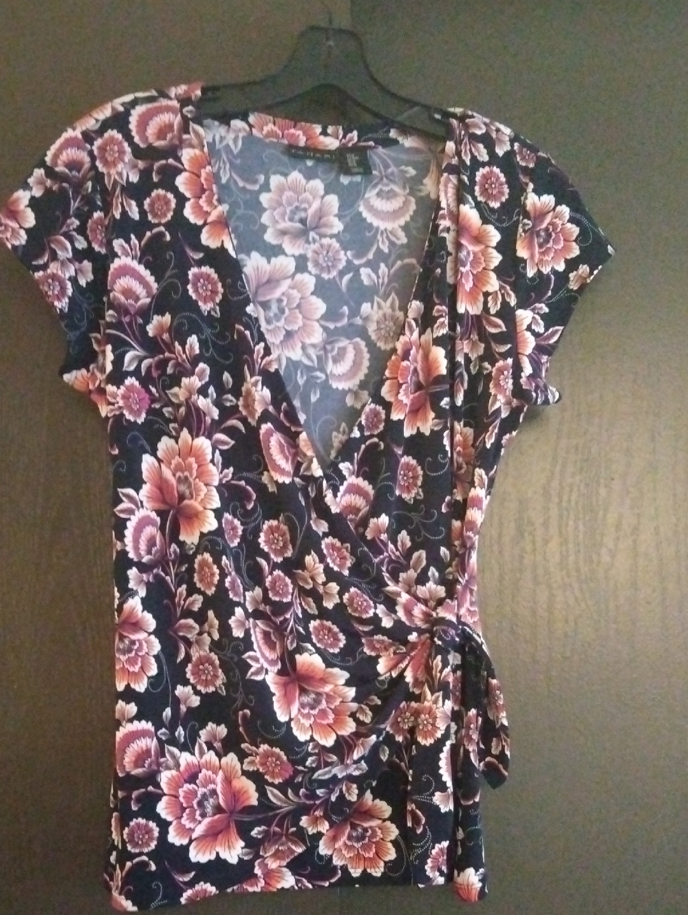 Tahari Black Floral Wrap Blouse with Pink and Cream Blooms